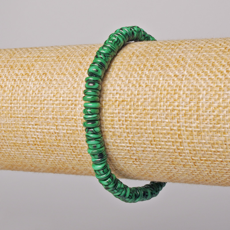 Malachite Bracelet (Pressed) Smooth Rondel, diameter 6×2 mm +/-, length 18 cm +/- (Stretch)