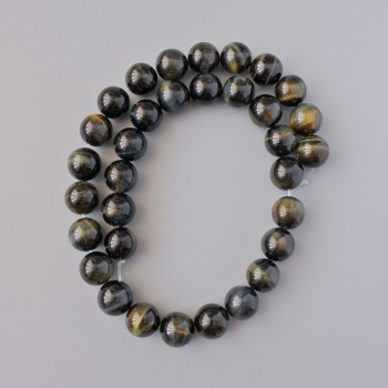 Hawk's Eye Beads, natural stone, smooth round bead, 12mm diameter, 38cm length on thread