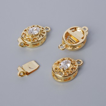 Clasp hardware, diameter 18x10x7 mm, white crystal, gold-tone metal, 1 piece