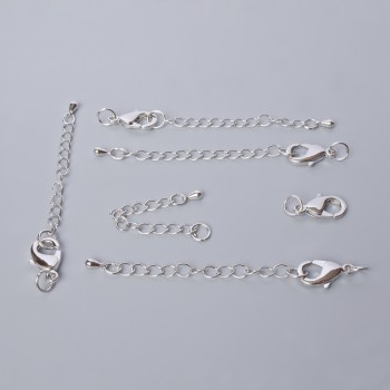 Carabiner clasp with extension chain, diameter 15×8 mm, length 5.5 cm, silver-colored metal, 1 pc