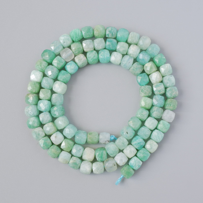 Amazonite beads, natural stone, faceted cubes, 4-5 mm diameter, 39 cm length on thread