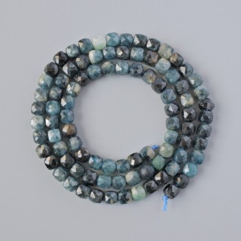 Indigolite Blue Tourmaline Beads, Natural Stone, Faceted Cube Shape, 4 mm Diameter, 39 cm Length, on Thread
