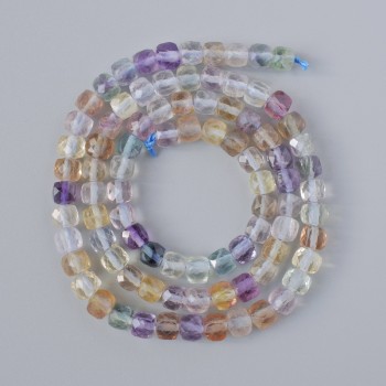 Fluorite Beads, Natural Stone, Faceted Cube, Diameter 4–5 mm, Length 39 cm on a Thread