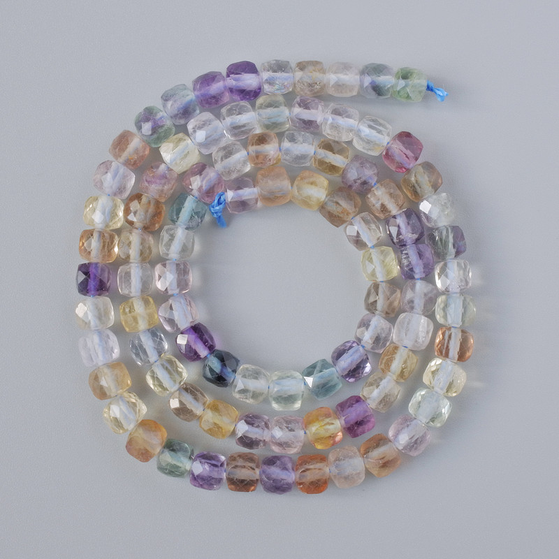Fluorite Beads, Natural Stone, Faceted Cube, Diameter 4–5 mm, Length 39 cm on a Thread