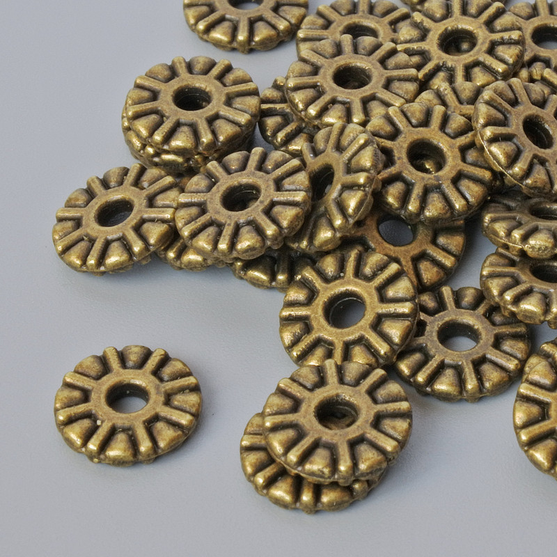 Bead-insert finding, 9×1.5 mm, hole diameter 2.3 mm, pack of 40 pcs ±, bronze metal color