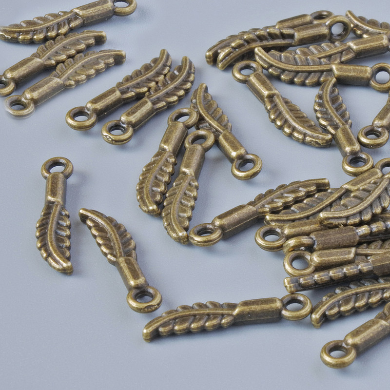 Pendant finding 'Feather', 16x3.5 mm, hole diameter 1.4 mm, packaging 33 pcs ± bronze metal color