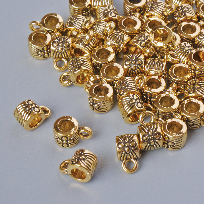 Bail Holder Hardware, diameter 4×5 mm, hole diameter 1.4 mm and 2.7 mm, length 7.5 mm, packaging 60 pcs ± 20 g ± gold-colored metal