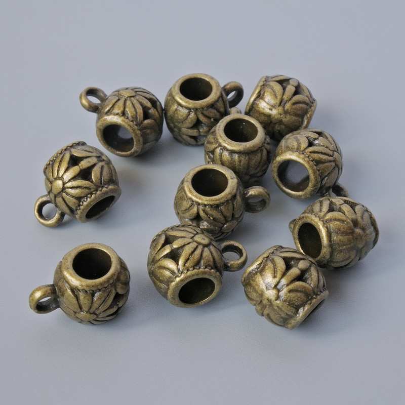 Bronze Bail Holder for Jewelry, outer diameter 9x9 mm, 5 mm, hole diameter 2.1 mm, 4.4 mm, length 13 mm, pack of 11 pcs ± bronze metal color