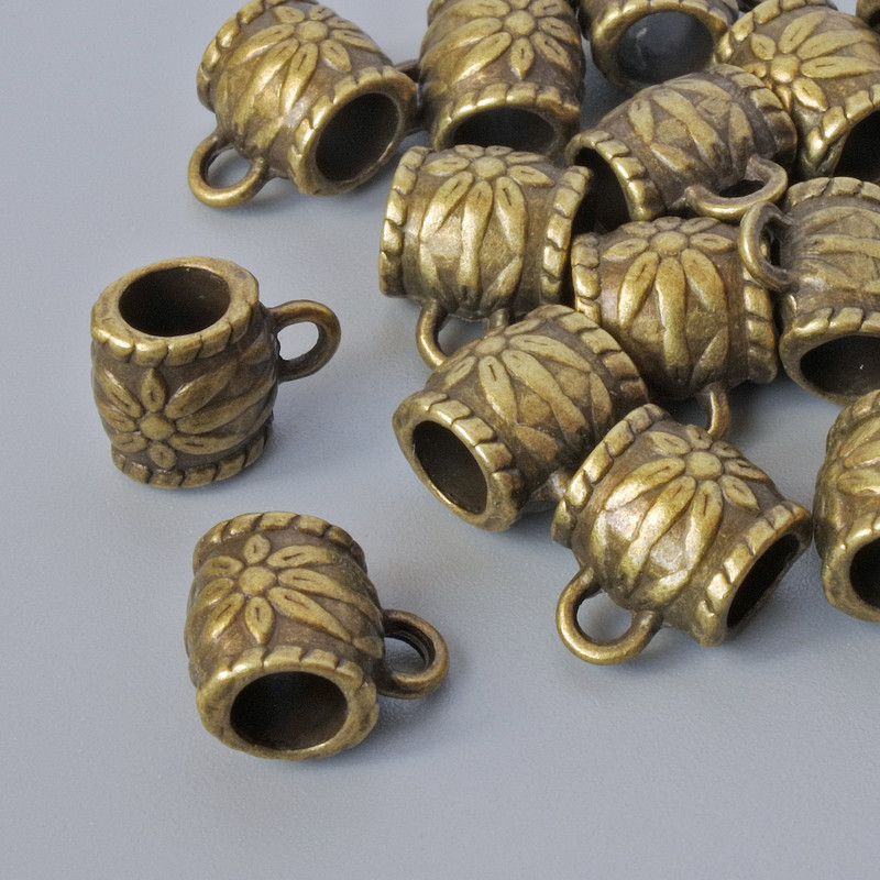 Bronze Bail Holder, 8x6 mm, hole diameters 1.7 mm and 4 mm, length 10 mm, pack of 18 pcs, bronze metal color