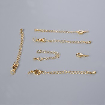 Carabiner clasp hardware, diameter 10x5 mm with extension chain, length 5.5 cm, gold-tone metal, 1 piece