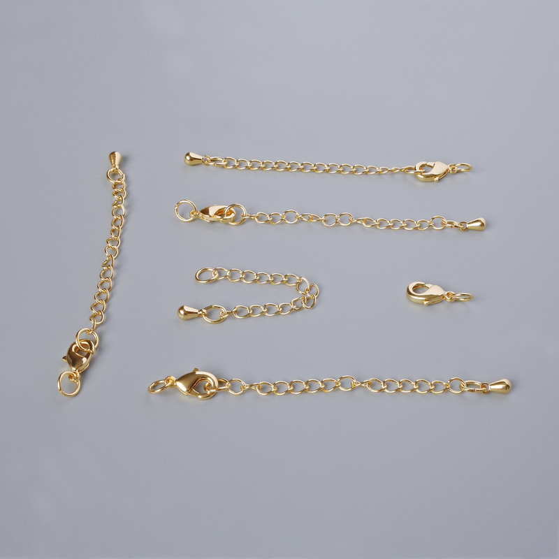 Carabiner clasp hardware, diameter 10x5 mm with extension chain, length 5.5 cm, gold-tone metal, 1 piece