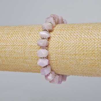 Kunzite Bracelet, Natural Stone, Faceted Rondelles, Diameter 10x7 mm, Length 18 cm, Stretch with Metal Inlays