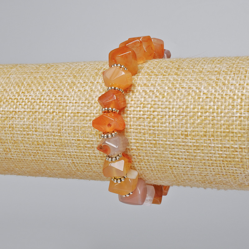 Orange Botswana Agate Bracelet, natural stone, faceted rondelle beads, 10×7 mm diameter, 18 cm length +/- (stretch) with metal inserts