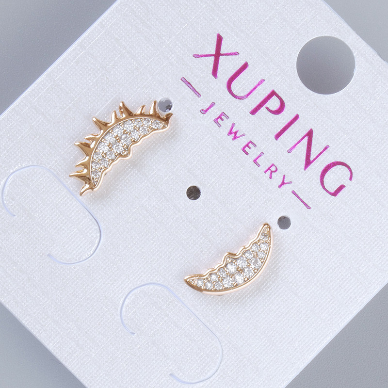 Stud Earrings 'Sun and Moon' Xuping with White Crystals, Diameters 14.5×7 mm and 12×5 mm, 18K Gold Plating
