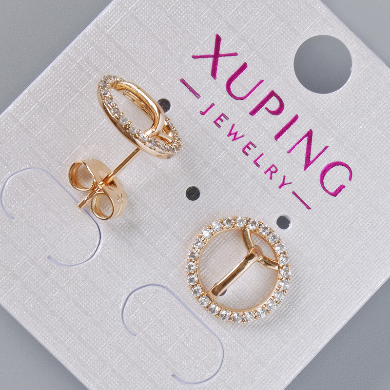 Xuping Stud Earrings with White Crystals, 12 mm Diameter, 18K Gold Plating