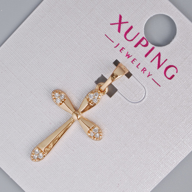 Pendant 'Cross' Xuping with white crystals, 23×15 mm size, about 28 mm long, 18K gold plating