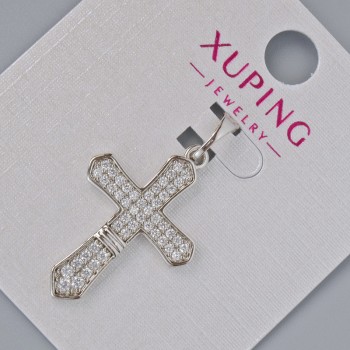 Pendant 'Cross' Xuping with white crystals, diameter 26×18 mm, length 32 mm, rhodium-plated
