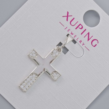 Pendant «Cross» Xuping with white crystals, diameter 22×15 mm, length 27 mm, rhodium-plated