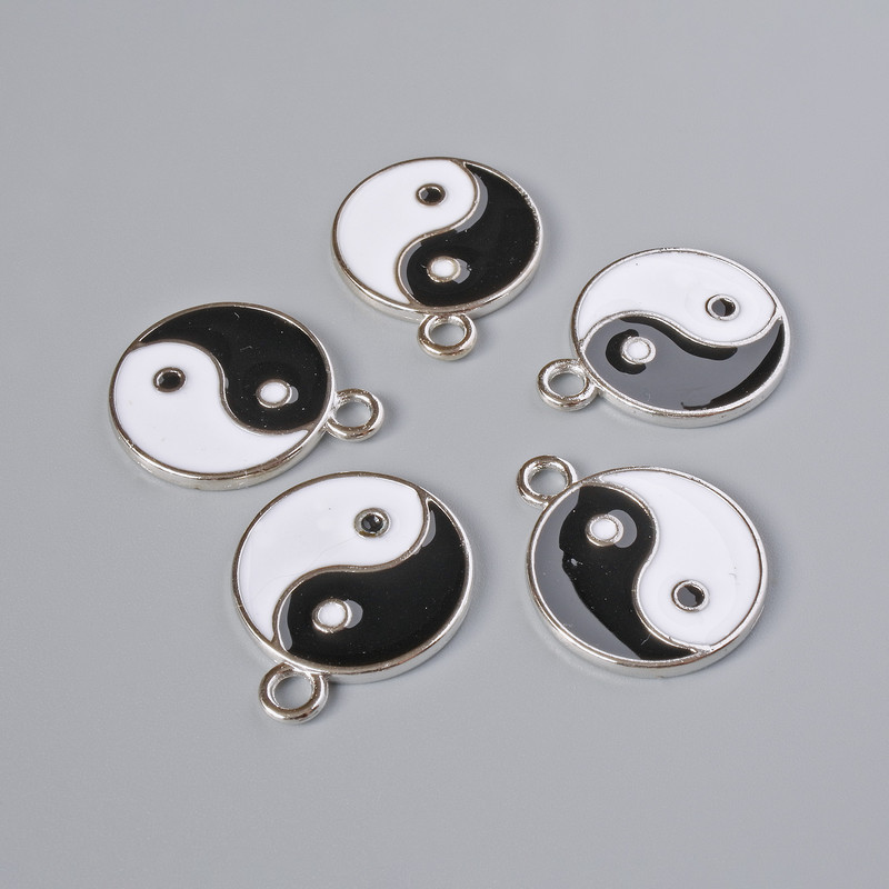 Yin Yang Pendant Hardware, 18 mm diameter, 22 mm length, hole diameter 2.5 mm, set of 5 pieces, silver-colored metal