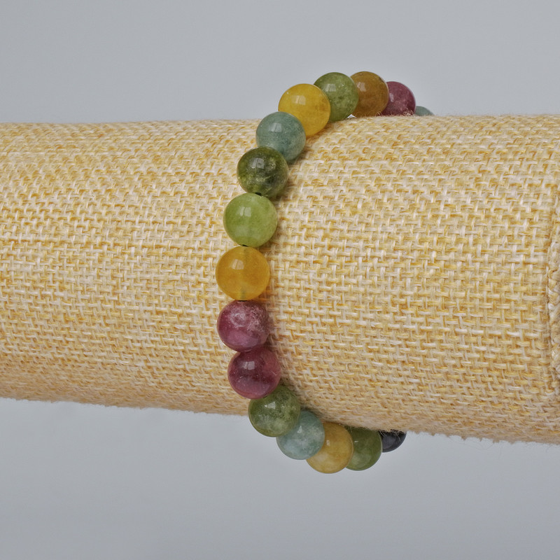 Tourmaline Bracelet with Natural Stone, Smooth Beads, 8 mm Diameter, 18 cm Length (Stretch)