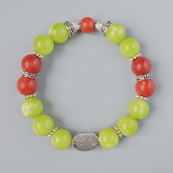 Bracelet of Red Jasper and Onyx (imitation) smooth beads, diameter 10.5 mm, length 18 cm (stretch) with metal inserts