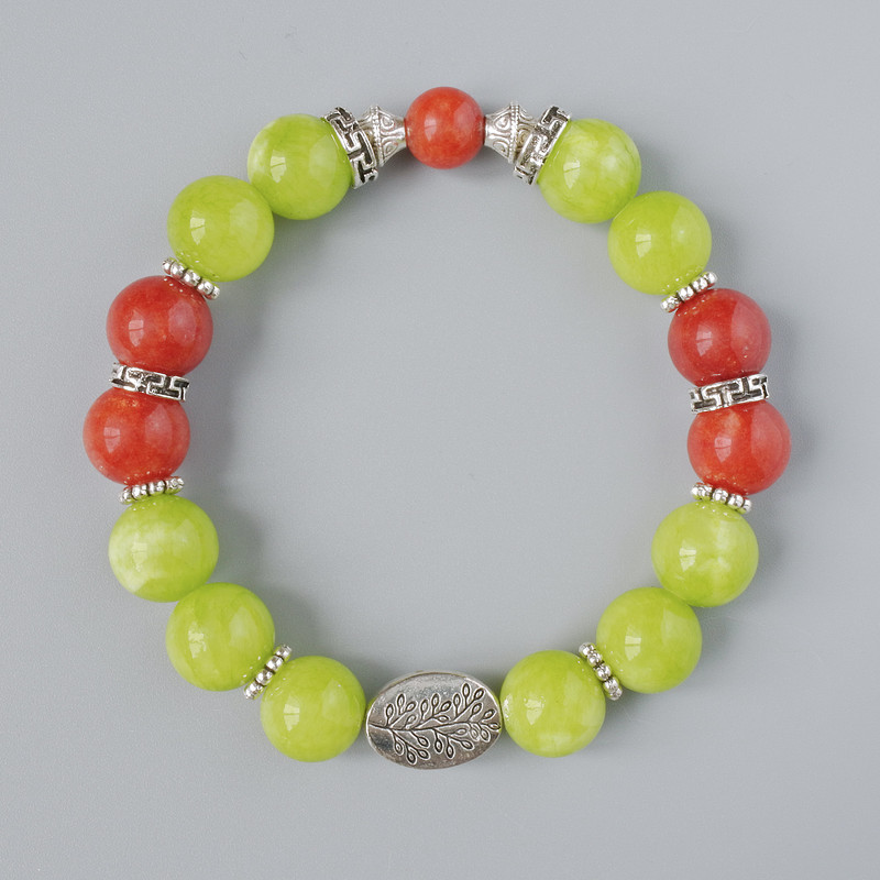 Bracelet of Red Jasper and Onyx (imitation) smooth beads, diameter 10.5 mm, length 18 cm (stretch) with metal inserts