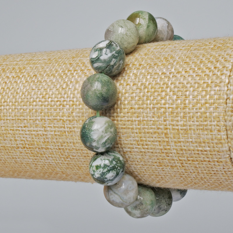Bracelet Moss Agate natural stone smooth bead, 12 mm diameter, 18 cm length (stretch)