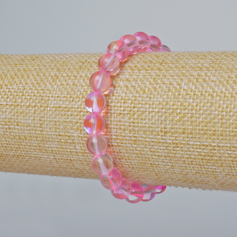 Bracelet with opal glass smooth beads, pink transparent chameleon color, 8mm diameter, 18cm length (stretch)