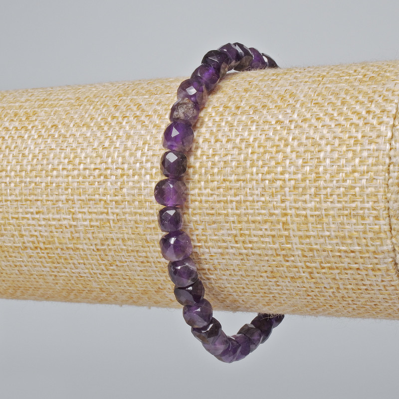 Amethyst Bracelet with Natural Stone, Faceted Cube Beads, 6.5 mm Diameter, 18 cm Length (Stretch)