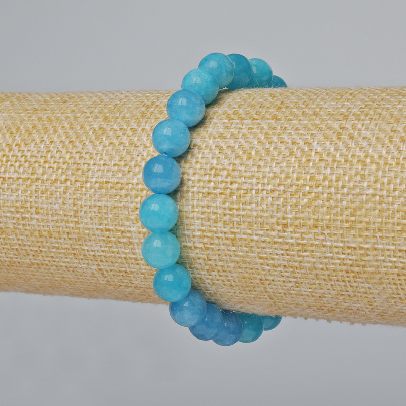 Aquamarine Bracelet with Natural Stone, Smooth Beads, Diameter 8.5 mm, Length 18 cm (Stretch)