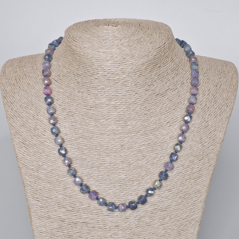 Necklace with natural sapphire, faceted cube beads, 6 mm diameter, 45 cm length