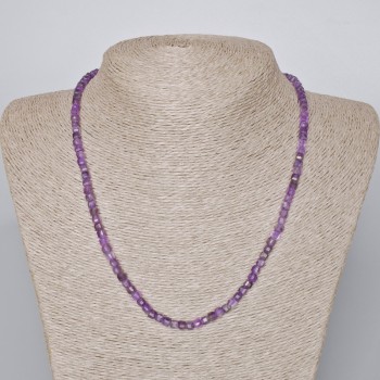 Amethyst Necklace with Natural Stone, Faceted Cube Beads, Diameter 4 mm, Length 45–48 cm