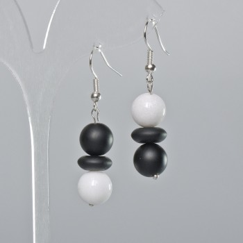Earrings with shungite and white agate (imitation) smooth ball, rondelle, diameter 10mm±, length 45mm±