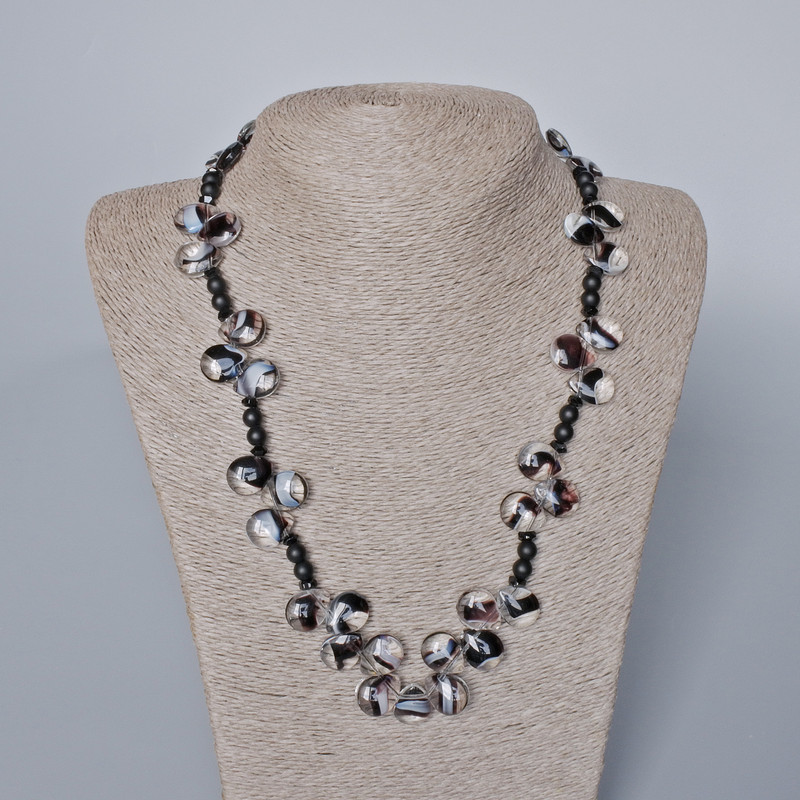Necklace with black agate, shungite, and Czech crystal, length 53–56 cm+