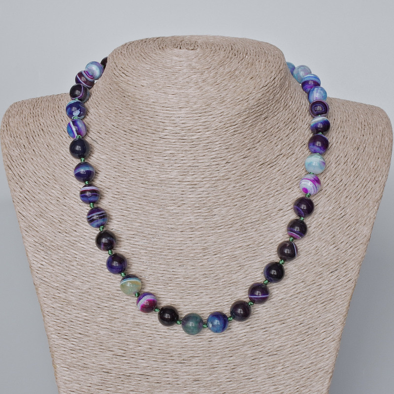 Purple Agate Necklace, Natural Stone, Smooth Beads, 10 mm Diameter, Length 45-47 cm