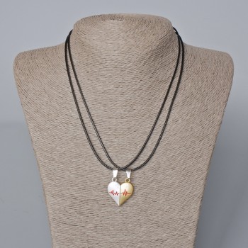 Magnetic Heart Pendants for Couples, white, red and gold enamel, 24x22 mm + -, length 45-50 cm+