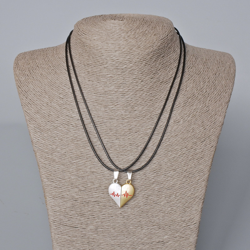 Magnetic Heart Pendants for Couples, white, red and gold enamel, 24x22 mm + -, length 45-50 cm+