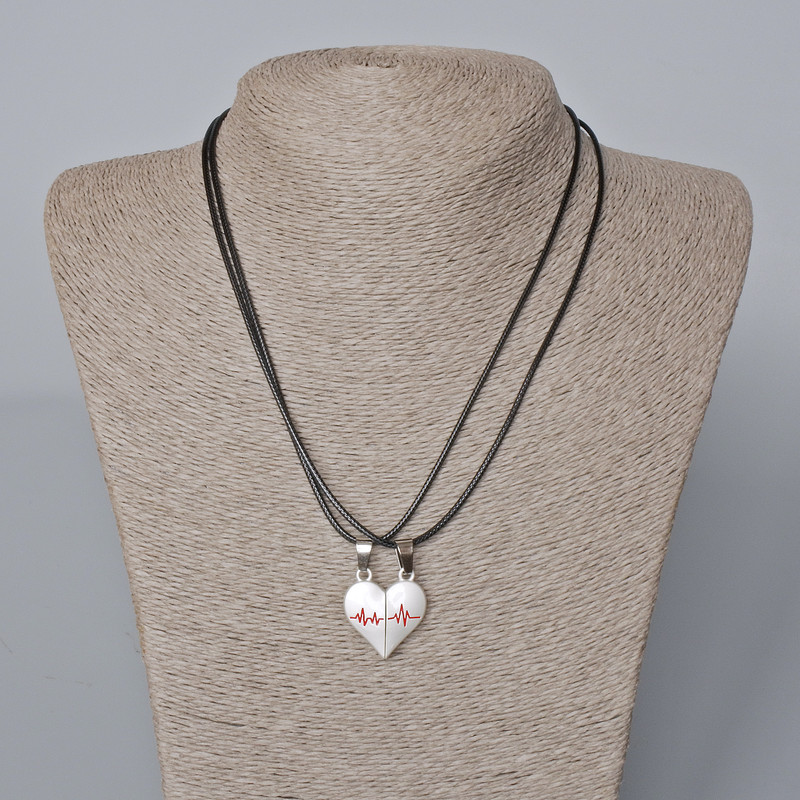 Pair Pendants 'Heart' on a Magnet, Red and White Enamel 24×22 mm + -, Length 45–50 cm+