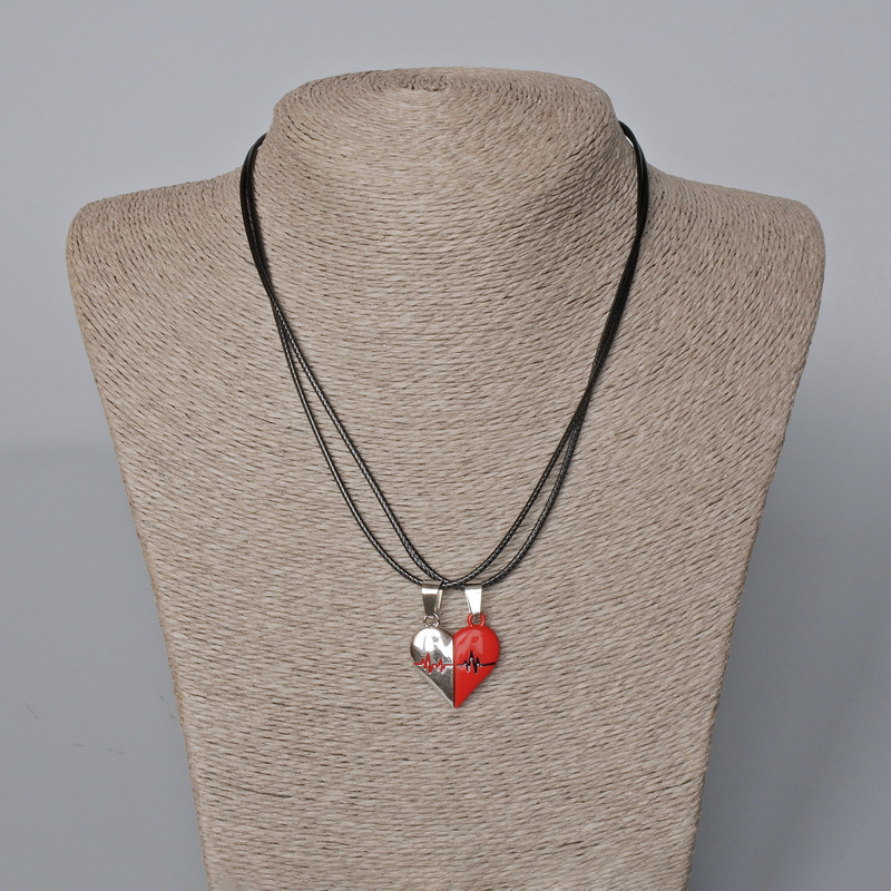 Matching Heart Pendants on a Magnet, red and black enamel, silvery metal 24x22mm + -, length 45-50cm+