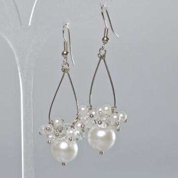 Earrings with Czech crystal and white bead, 11.5 mm diameter, 59 mm length