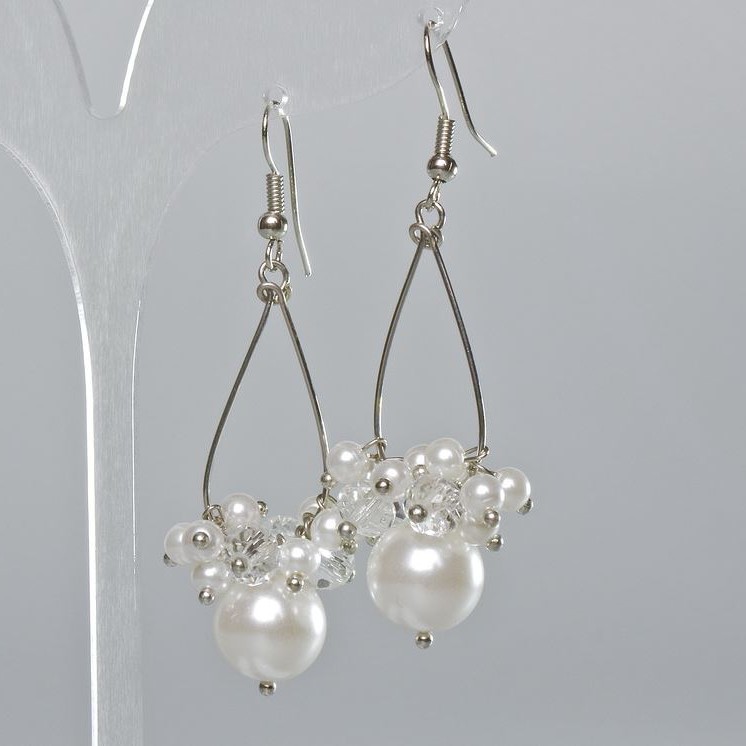 Earrings with Czech crystal and white bead, 11.5 mm diameter, 59 mm length