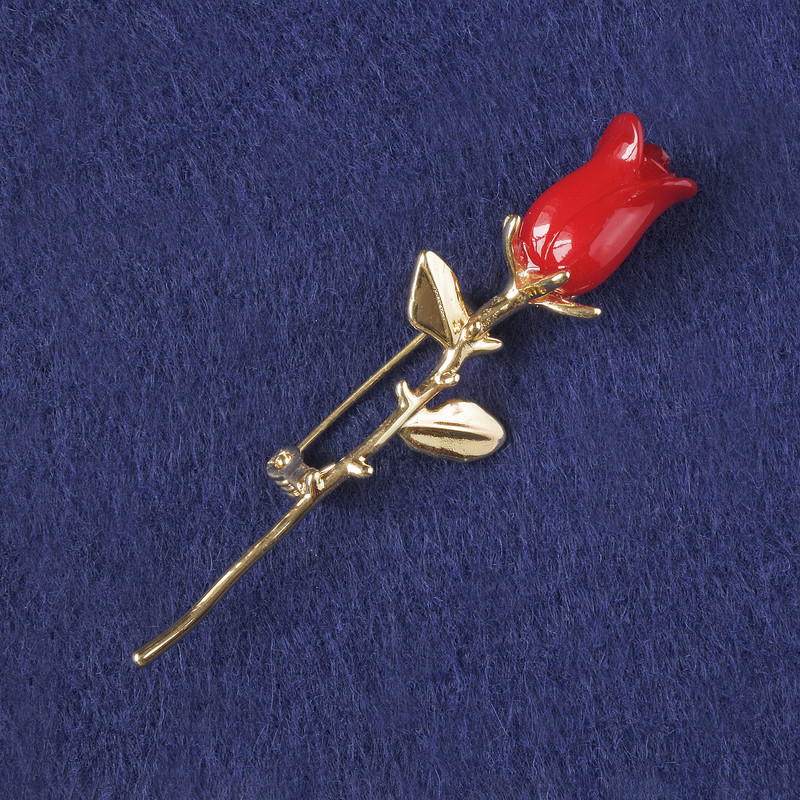 Brooch 'Rose' red plastic, gold-toned metal 65x19mm+