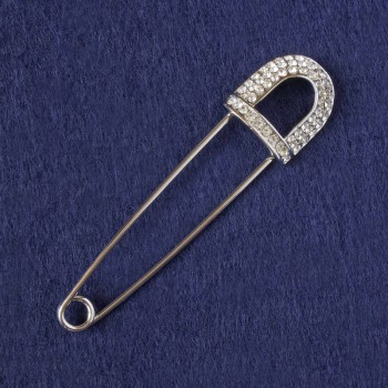 Brooch pin with white rhinestones, silver-toned metal 80x20mm+