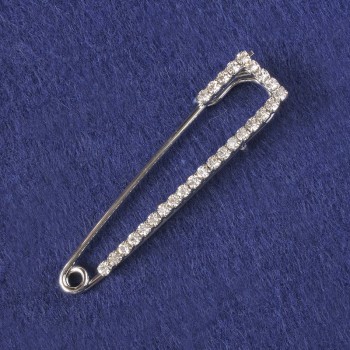 Brooch-pin with white crystals, silver-colored metal 58x13mm+