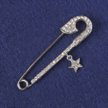 Brooch-pin with White Crystals, Silver-Colored Metal 71x18 mm+