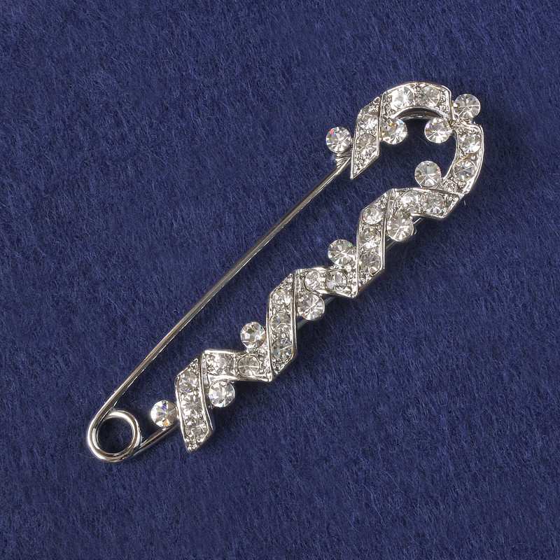 Brooch Pin with White Crystals, Silver-Tone Metal 73x20 mm+