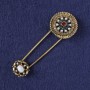 Brooch-pin with white, blue, and red rhinestones, white beads, gold-tone metal 75×25 mm+