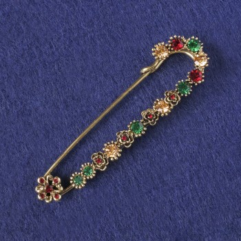Brooch-pin with multicolored crystals, gold-toned metal 74×20 mm+