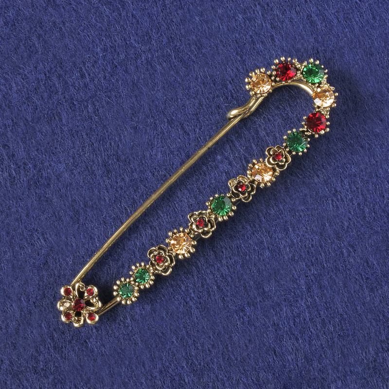 Brooch-pin with multicolored crystals, gold-toned metal 74×20 mm+