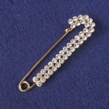 Brooch-pin with white crystals, gold-toned metal 72x20mm+